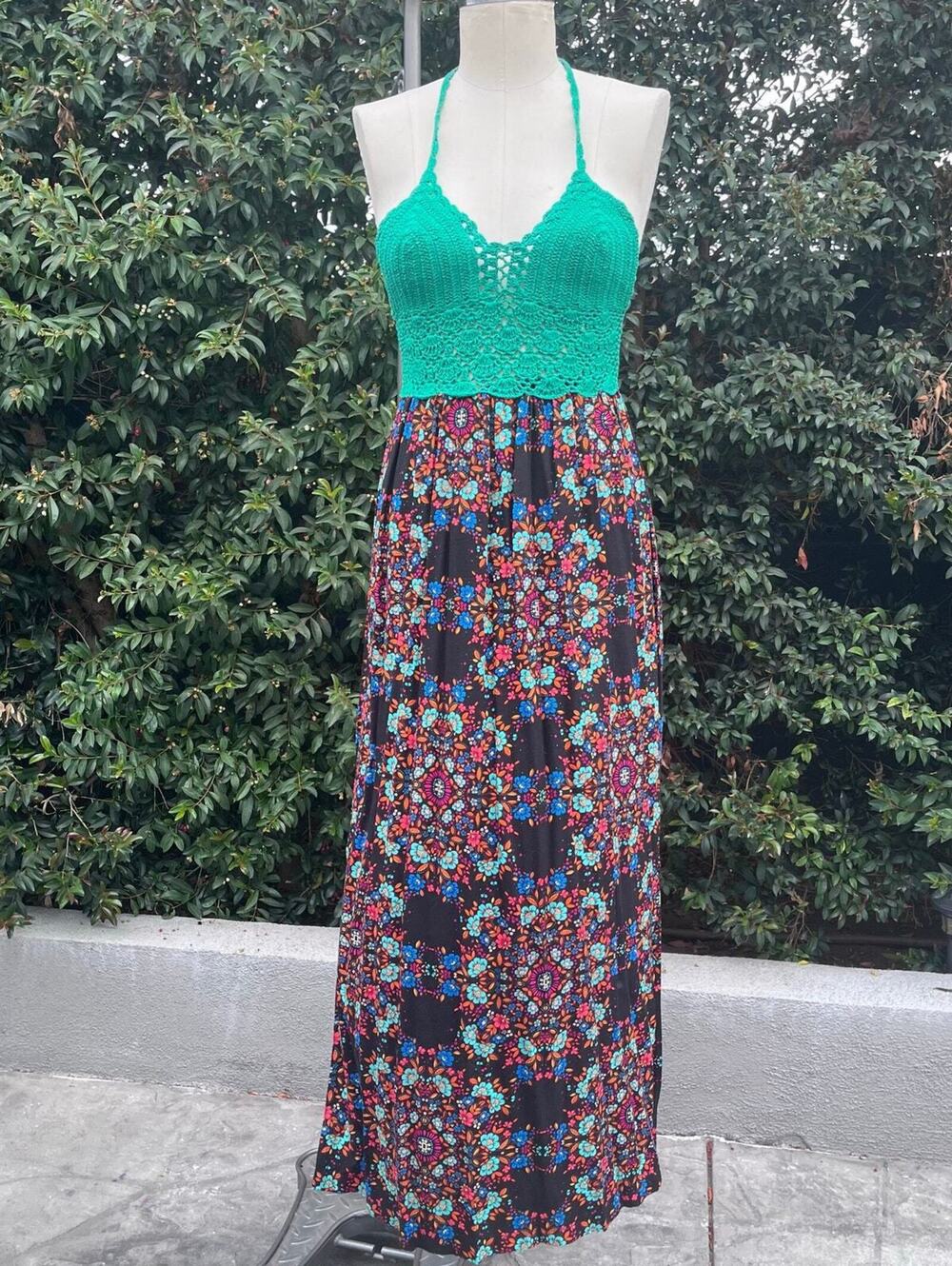 Boho Crochet Halter Maxi Dress Green Floral Print Open Back Beach Festival